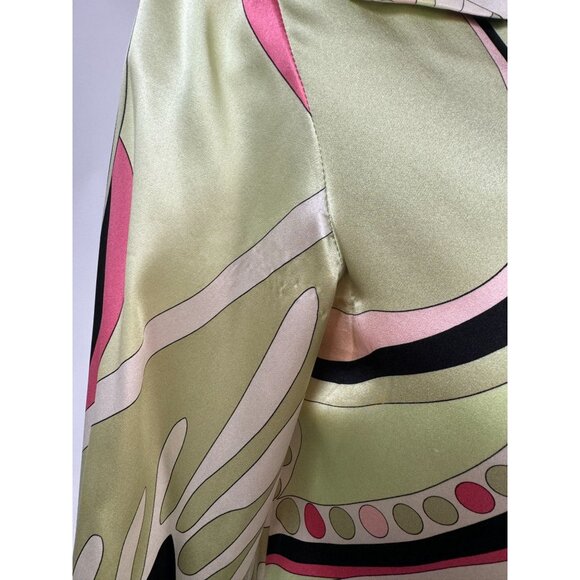 Silk Patterned Blouse By Kasper Size 6 - Green & Pink Design French Cuff Blemish - Picture 7 of 16